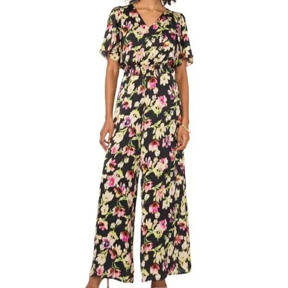 Vince Camuto Floral Flutter Sleeve V Neck Multi Jumpsuit Womens‎ Size XS READ